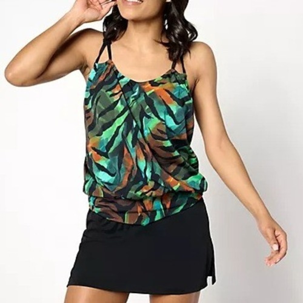 Kim Gravel Swimsuits Plus 34 Exotic Palms Blouson Tankini Skirted Bottom A629536